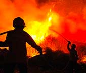 Firefighters spraying water into a large wildfire